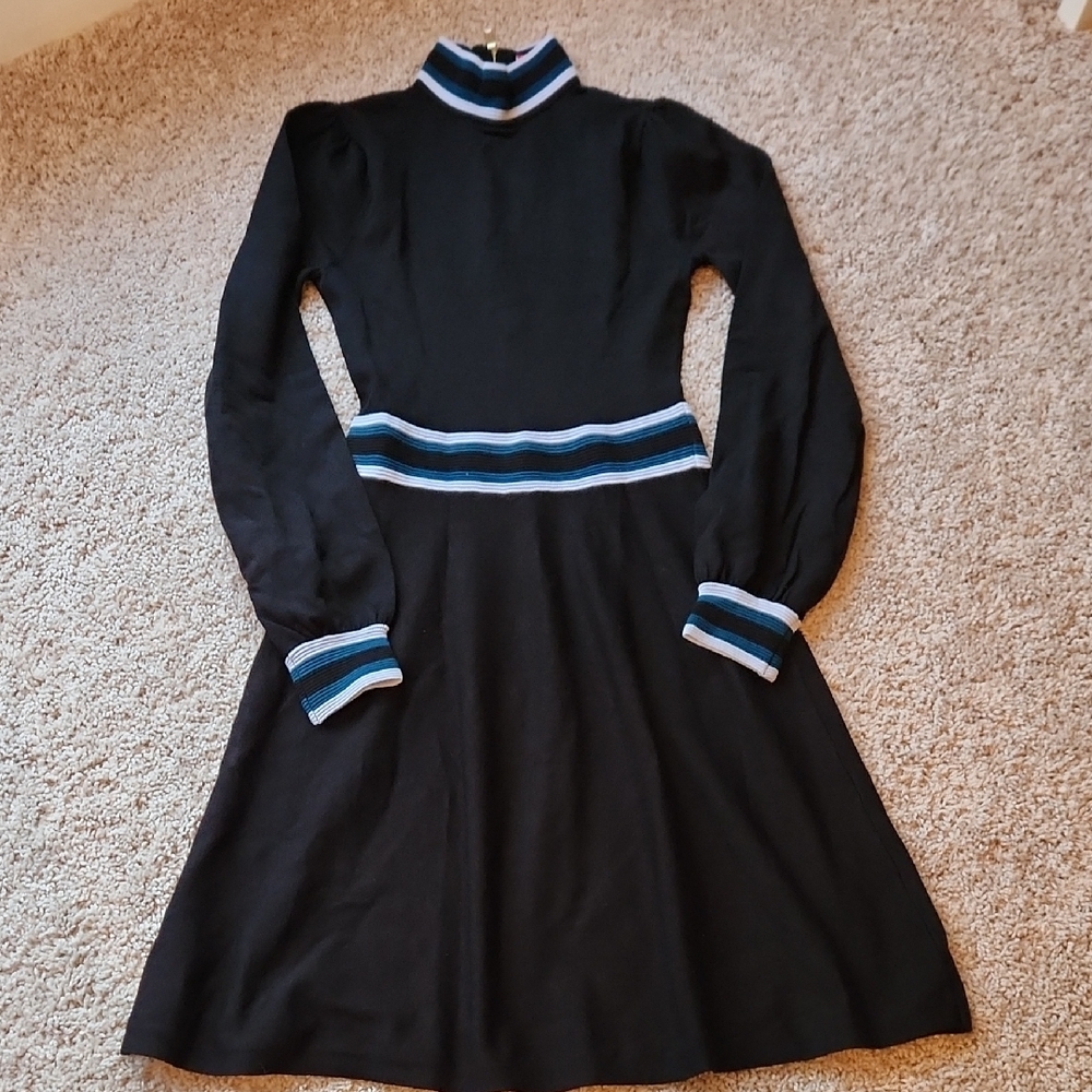 Chic Black Dress with Blue and White Stripes